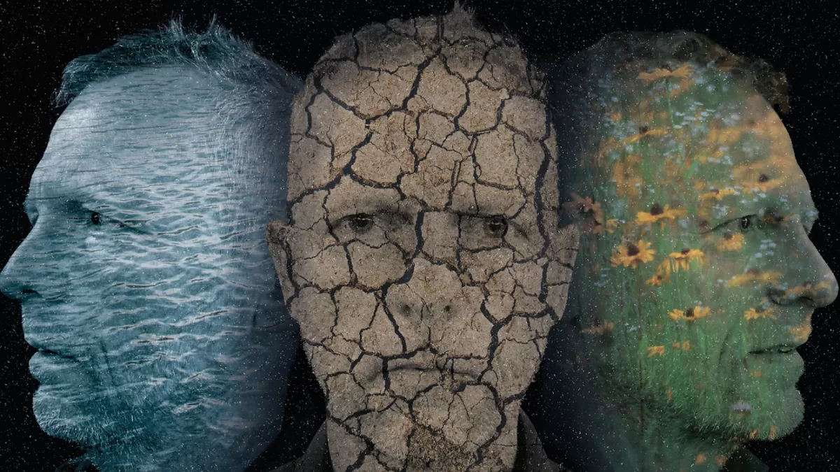Three images of a man's face. One is overlayed with a water image, one overlayed is cracked earth and one is overlayed with images of flowers. Three images of a man's face. One is overlayed with a water image, one overlayed is cracked earth and one is overlayed with images of flowers.