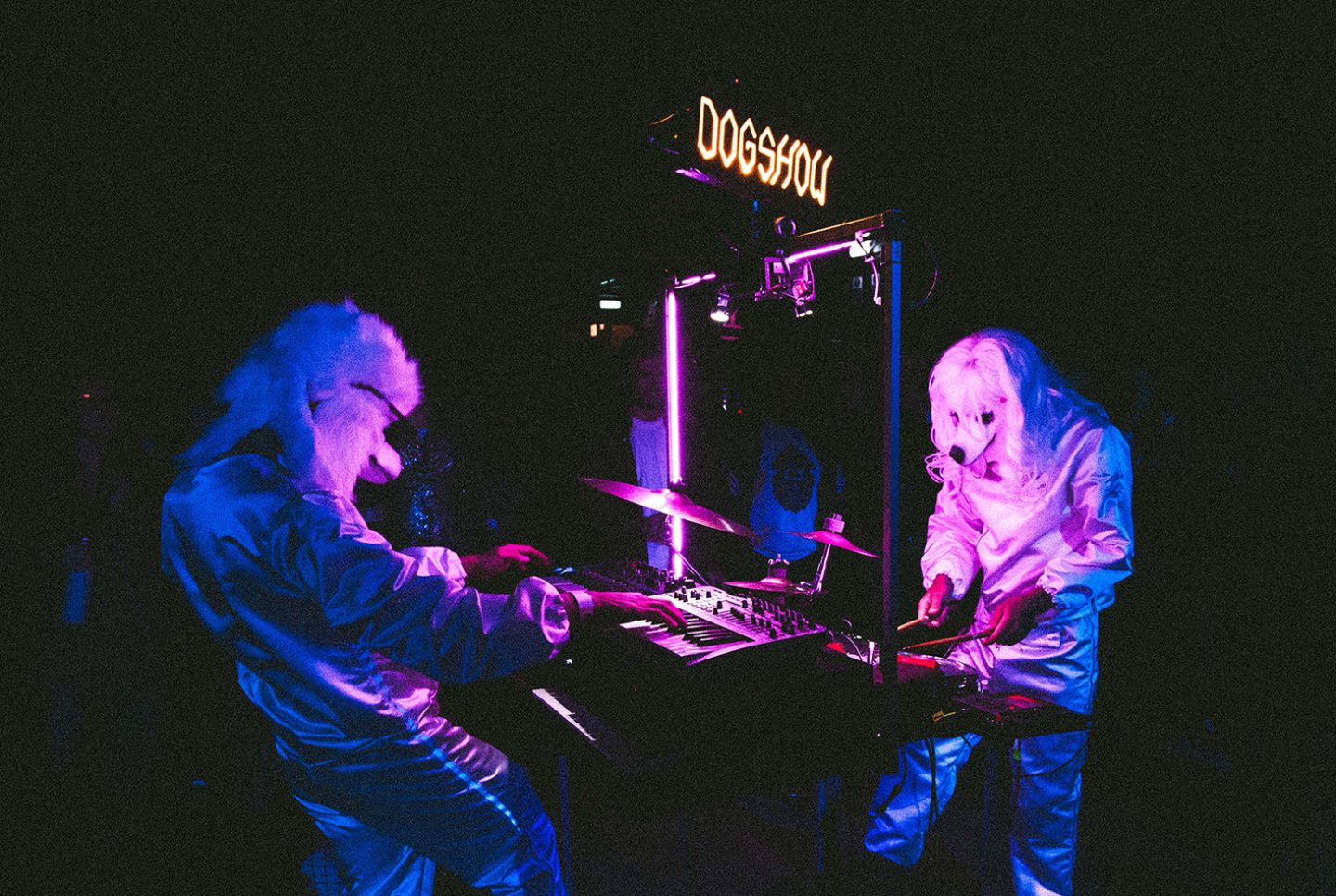 Image of two figures in shiny suits with white fluffy dogs heads. They are either side of a collection of instruments and lights. Above them is a sign that reads dogshow. Image of two figures in shiny suits with white fluffy dogs heads. They are either side of a collection of instruments and lights. Above them is a sign that reads dogshow.