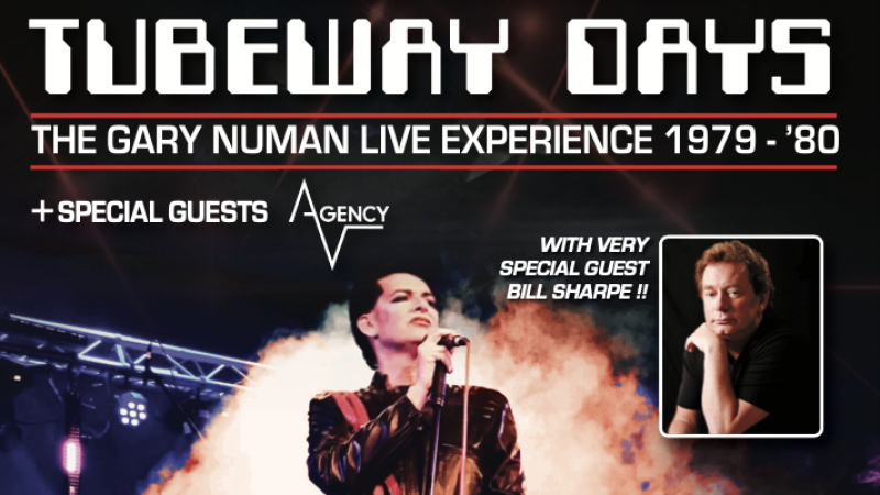 Promotional poster for "Tubeway Days: The Gary Numan Live Experience 1979–’80" featuring a performer in leather on stage, special guest Bill Sharpe, and quote from Gary Numan. Promotional poster for "Tubeway Days: The Gary Numan Live Experience 1979–’80" featuring a performer in leather on stage, special guest Bill Sharpe, and quote from Gary Numan.