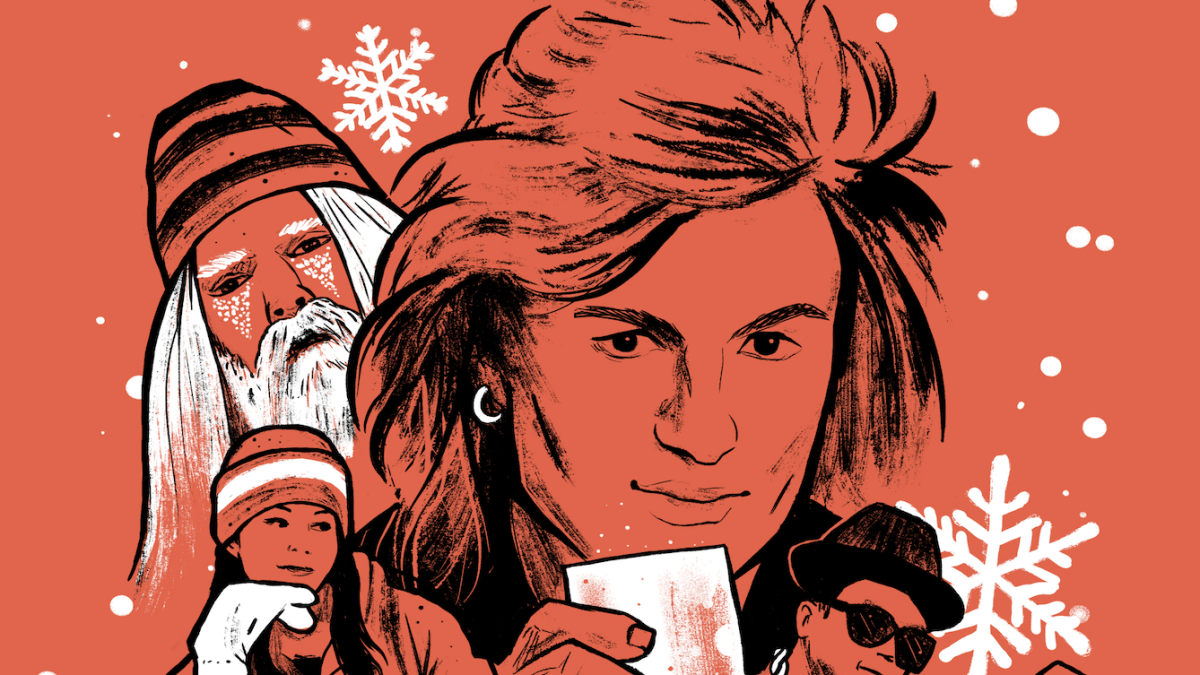 Illustrated festive scene with diverse characters, snowflakes, and holiday elements on a red background.