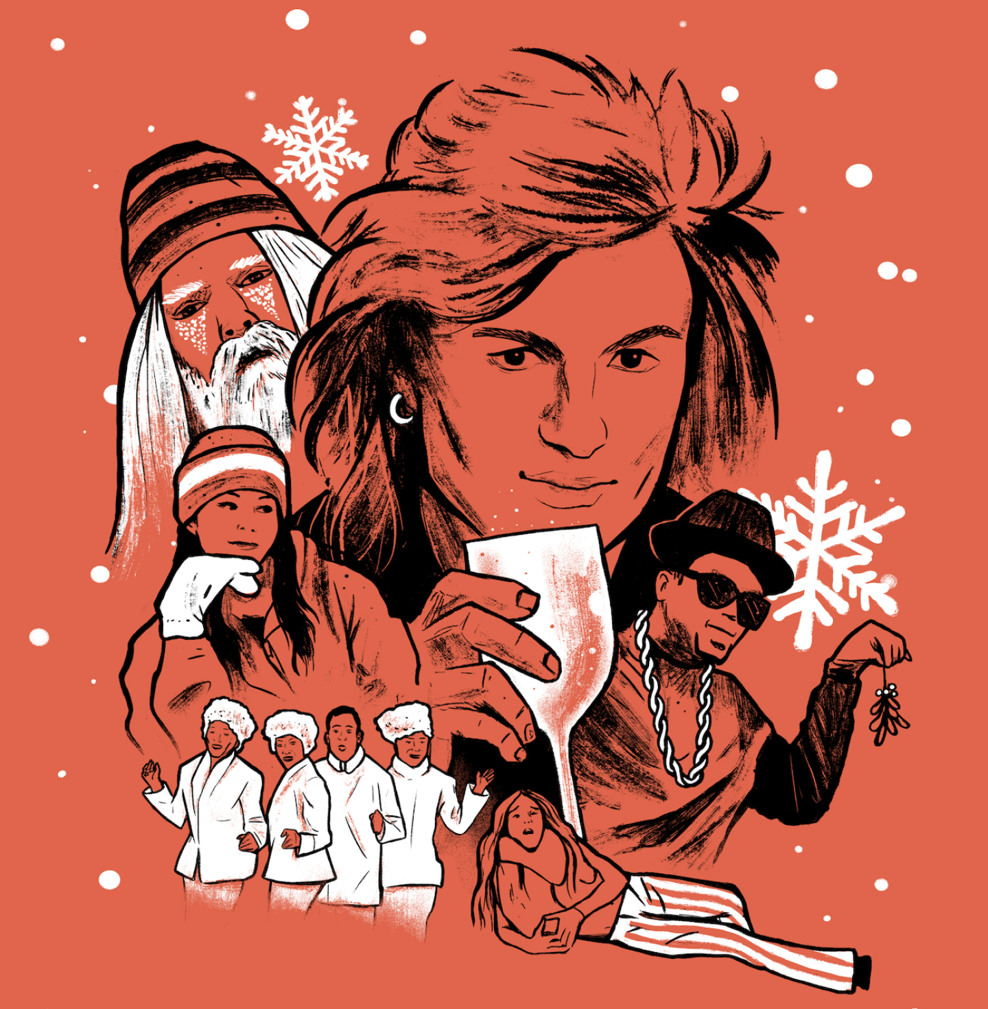 Illustrated festive scene with diverse characters, snowflakes, and holiday elements on a red background. Illustrated festive scene with diverse characters, snowflakes, and holiday elements on a red background.