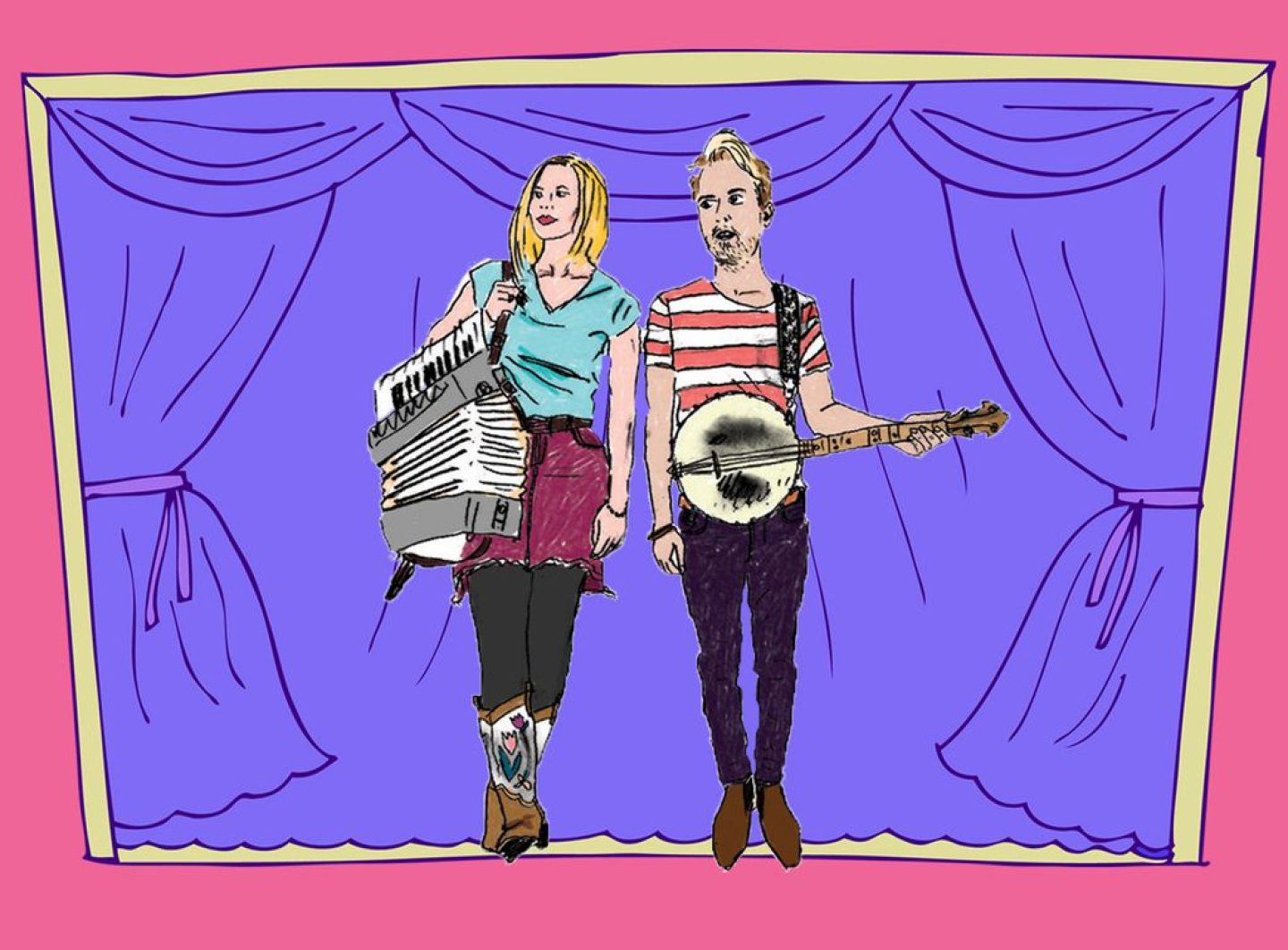 An illustration of two musicians on stage: one holding an accordion and wearing cowboy boots, the other holding a banjo, both standing in front of purple curtains with a pink border. An illustration of two musicians on stage: one holding an accordion and wearing cowboy boots, the other holding a banjo, both standing in front of purple curtains with a pink border.