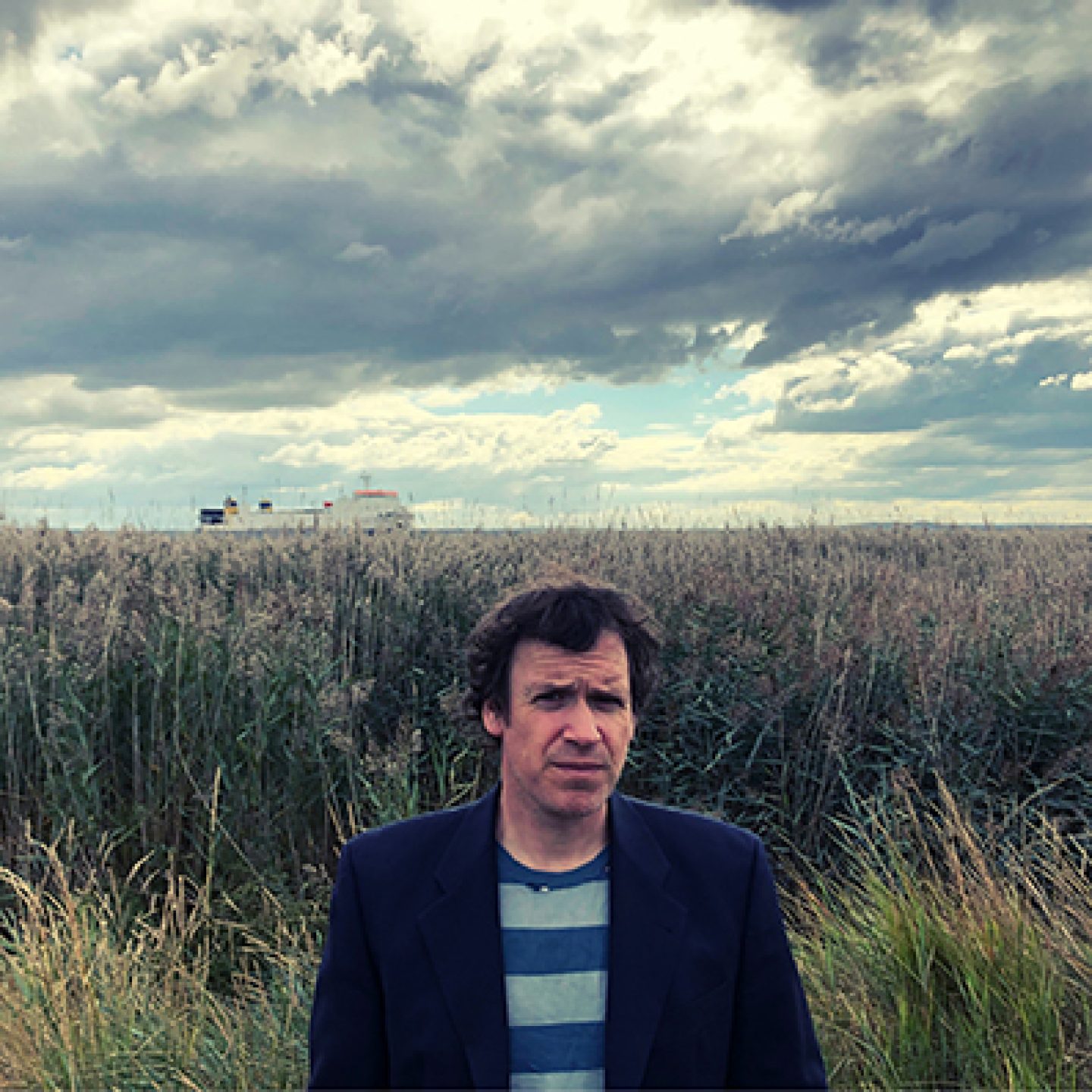 A person stands in front of tall grasses in an open field under a dramatic, cloudy sky. A distant structure or vehicle is visible on the horizon.