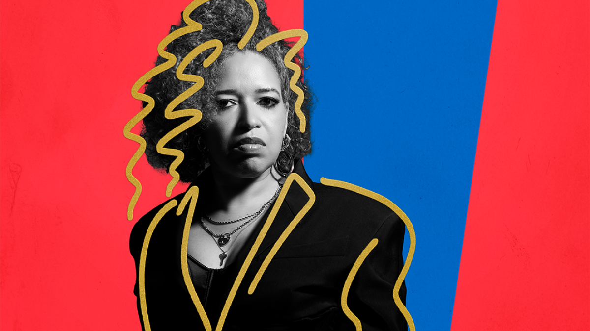 A black-and-white portrait of a woman with curly hair, wearing a tailored jacket and layered necklaces. She stands against a bold red background with a large blue geometric shape behind her. Yellow hand-drawn squiggle outlines accentuate her hair and jacket, adding a graphic, stylized effect.