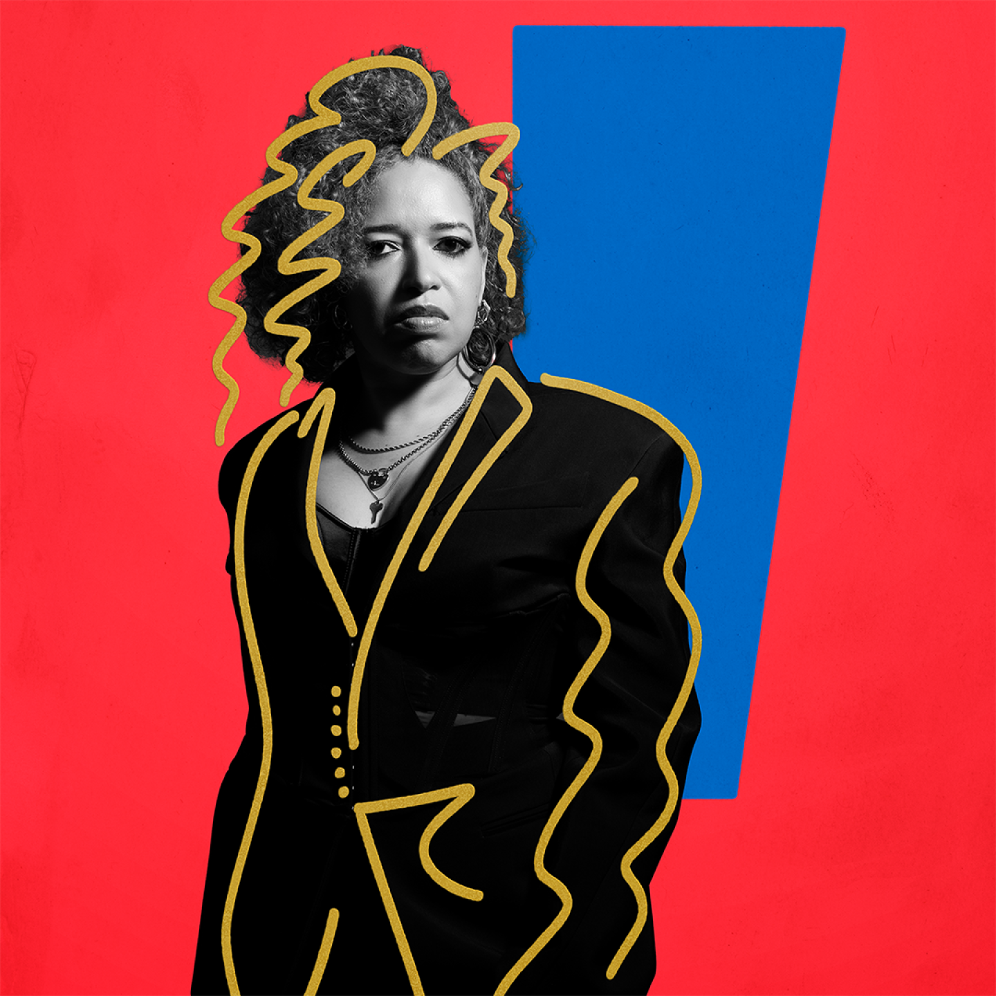 A black-and-white portrait of a woman with curly hair, wearing a tailored jacket and layered necklaces. She stands against a bold red background with a large blue geometric shape behind her. Yellow hand-drawn squiggle outlines accentuate her hair and jacket, adding a graphic, stylized effect.