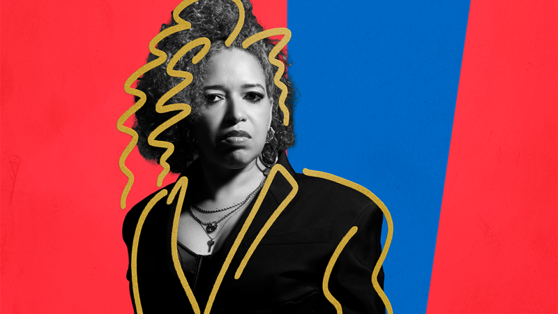 A black-and-white portrait of a woman with curly hair, wearing a tailored jacket and layered necklaces. She stands against a bold red background with a large blue geometric shape behind her. Yellow hand-drawn squiggle outlines accentuate her hair and jacket, adding a graphic, stylized effect.