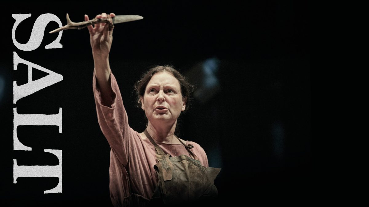 Woman in an apron raises a knife against a dark background, with “SALT” written beside her.