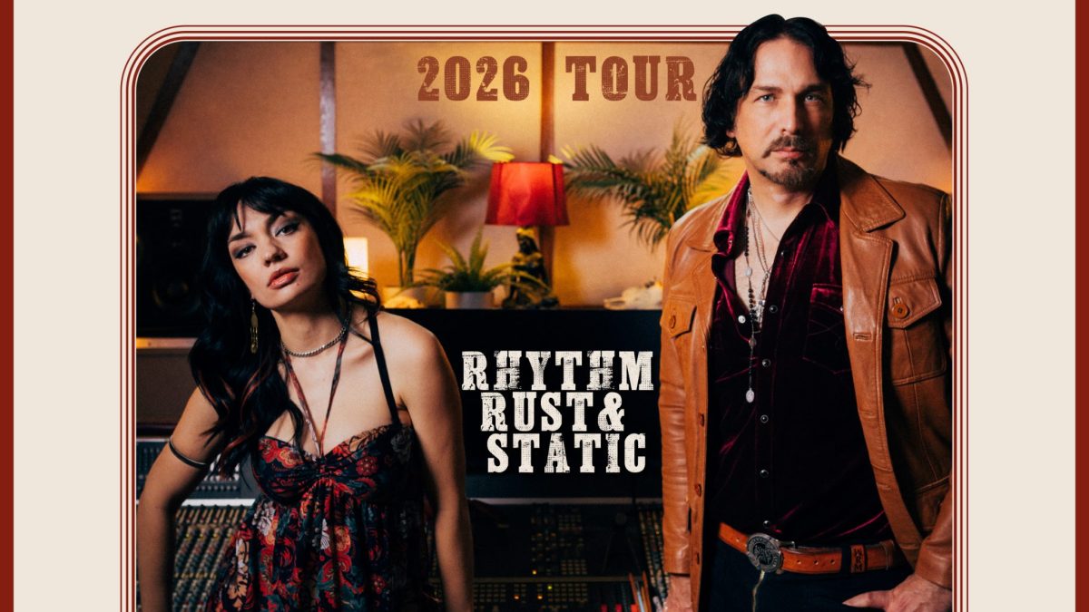 Promotional poster for When Rivers Meet 2026 tour, showing a duo in a recording studio with the date 18th Sept at Norwich Arts Centre and ticket details.