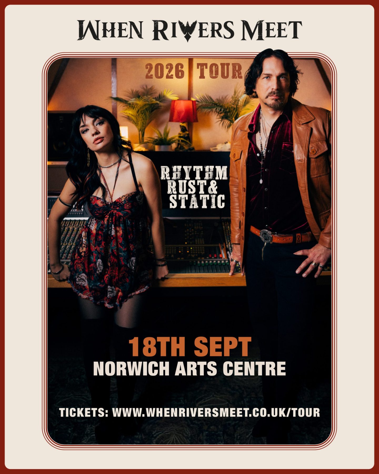 Promotional poster for When Rivers Meet 2026 tour, showing a duo in a recording studio with the date 18th Sept at Norwich Arts Centre and ticket details.