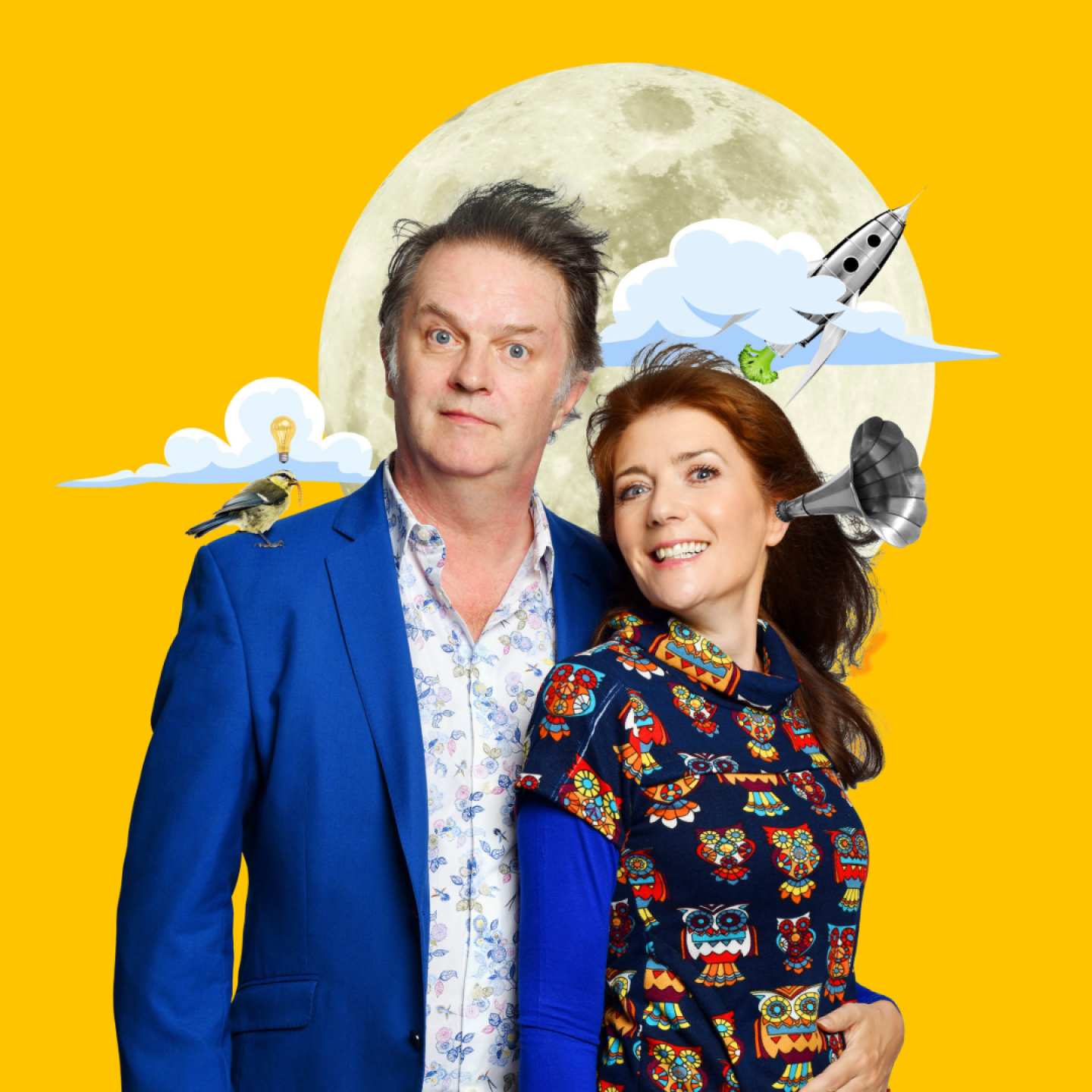 A man and a woman stand together against a bright yellow background with playful moon and airplane graphics.