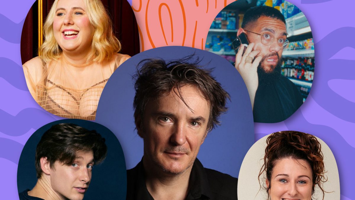 A collage-style graphic featuring five portrait photos arranged around a central image on a vibrant purple and orange abstract background. The central image shows a person with tousled medium-length hair wearing a black collared shirt against a muted blue background. The top-left image shows a person with light wavy hair wearing a structured, mesh-like top in front of a rich red backdrop. The top-right image shows a person in a grocery store aisle holding up a beverage can, surrounded by colorful products on shelves. The bottom-left image shows a person turned slightly to the side, wearing a dark top against a deep blue background. The bottom-right image shows a person with curly, loosely tied-back hair wearing a white shirt against a neutral light background. Decorative abstract shapes fill the spaces between the portraits, adding a playful design element.