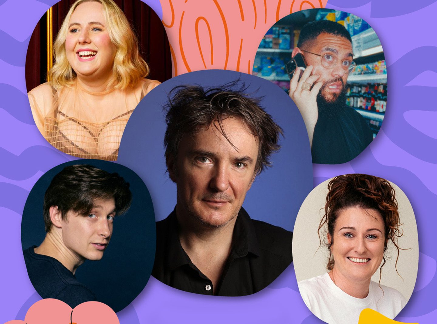 A collage-style graphic featuring five portrait photos arranged around a central image on a vibrant purple and orange abstract background. The central image shows a person with tousled medium-length hair wearing a black collared shirt against a muted blue background. The top-left image shows a person with light wavy hair wearing a structured, mesh-like top in front of a rich red backdrop. The top-right image shows a person in a grocery store aisle holding up a beverage can, surrounded by colorful products on shelves. The bottom-left image shows a person turned slightly to the side, wearing a dark top against a deep blue background. The bottom-right image shows a person with curly, loosely tied-back hair wearing a white shirt against a neutral light background. Decorative abstract shapes fill the spaces between the portraits, adding a playful design element.