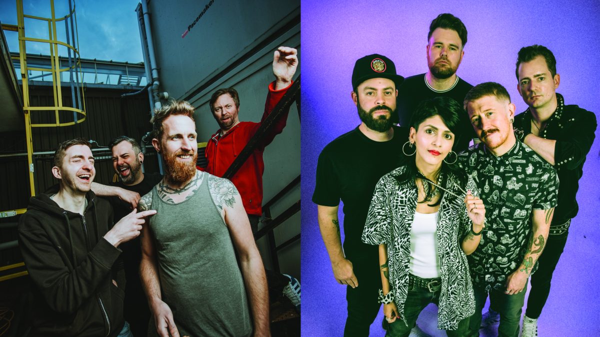A split image showing two groups of people. The left photo features five individuals standing outdoors in an industrial area, casually posed. The right photo shows six individuals standing together in a studio with a purple backdrop.