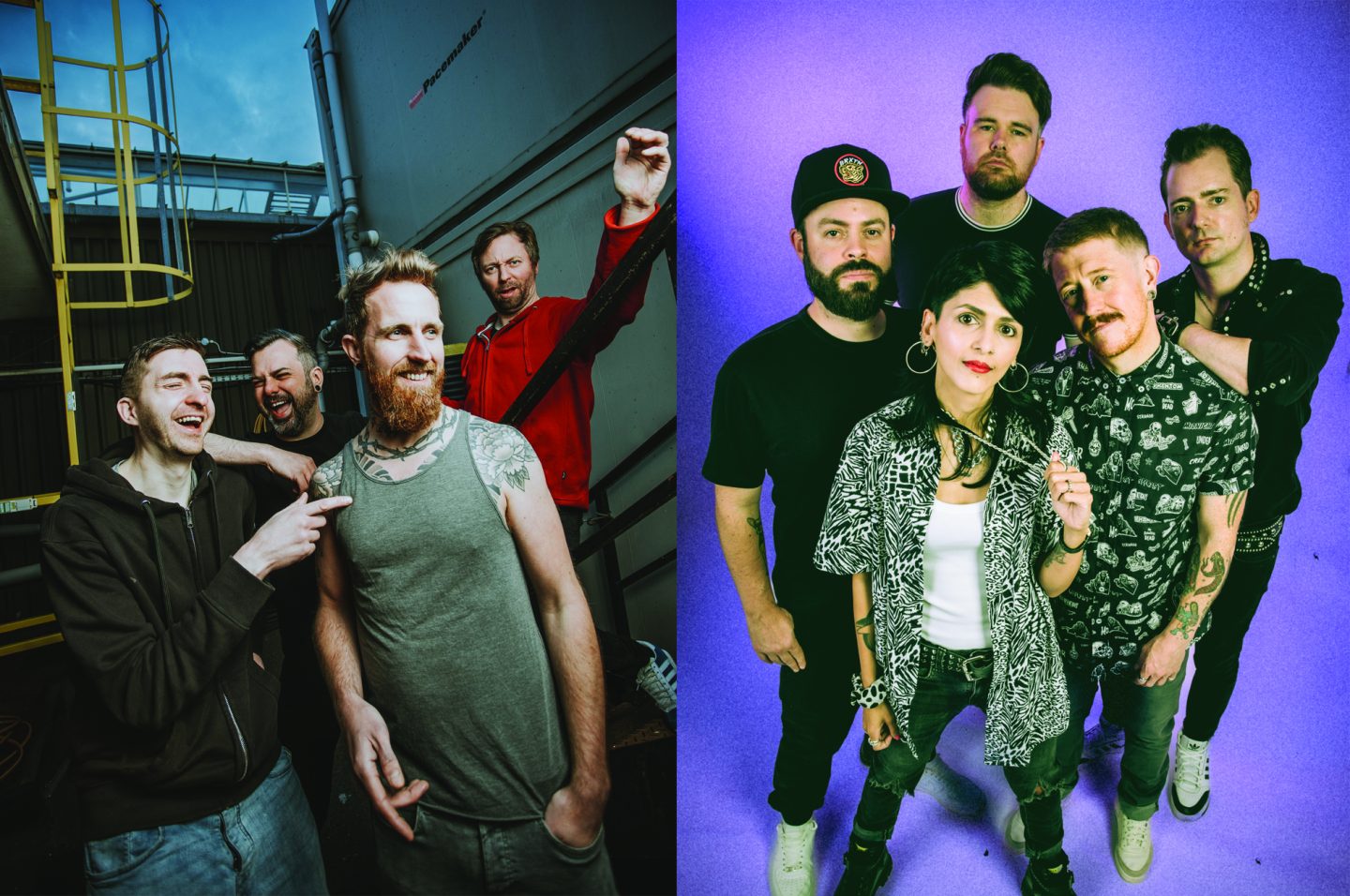 A split image showing two groups of people. The left photo features five individuals standing outdoors in an industrial area, casually posed. The right photo shows six individuals standing together in a studio with a purple backdrop.