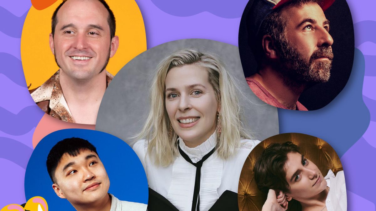 A collage-style graphic featuring five portrait photographs arranged around a central image, set against a purple background decorated with abstract shapes in peach, blue, and yellow. The central portrait shows a person with light, shoulder-length hair wearing a white blouse with black trim, positioned in front of a textured grey backdrop. The top-left portrait features a person in a shiny patterned shirt against a warm yellow-orange background. The top-right portrait shows a person wearing a cap and a dark shirt, photographed inside a store aisle with shelves of packaged items behind them. The bottom-left portrait shows a person wearing a collared shirt in front of a bright blue background. The bottom-right portrait shows a person leaning back on a cushioned chair upholstered in tufted fabric. Playful decorative illustrations, including a cartoon-like yellow flower cluster and a white flower, appear in the corners of the collage.