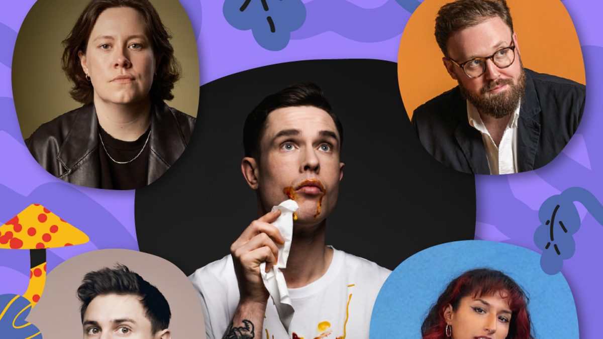 A collage-style graphic featuring five portrait photographs arranged around a central image, all set against a vibrant purple background decorated with abstract shapes, leaves, and colorful illustrations. The central portrait shows a person wearing a white shirt with splattered paint in red and yellow, holding a white cloth in one hand. The background is solid black. The top-left portrait shows a person with shoulder-length hair wearing a dark leather jacket over layered necklaces, set against an olive-green circular backdrop. The top-right portrait features a person in a dark jacket and light shirt standing before a bright orange background. The bottom-left portrait shows a person with short hair wearing a dark top in front of a soft beige background. The bottom-right portrait features a person with long, wavy, vividly colored hair wearing layered jewelry, set against a textured blue background. Surrounding the portraits are playful illustrations including mushrooms, leaves, and organic, wavy shapes in shades of yellow, pink, and blue.