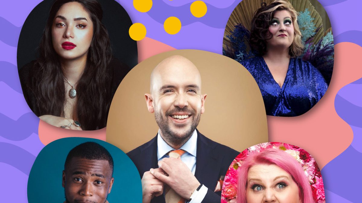 A collage-style graphic featuring five portrait photographs arranged around a central image, set against a bright purple background decorated with abstract shapes, wavy patterns, and playful illustrations. The central portrait shows a person wearing a formal suit with a white shirt and an orange tie, adjusting the tie with both hands. The background behind this figure is a muted tan color. The top-left portrait shows a person with long, wavy dark hair wearing a dark outfit and a pendant necklace, positioned against a black background. The top-right portrait features a person wearing a shimmering blue outfit with large, textured wing-like sleeves, set against a backdrop of golden fan-like shapes. The bottom-left portrait shows a person wearing a brown jacket in front of a teal background. The bottom-right portrait features a person with long, bright pink hair wearing a floral-patterned garment in shades of pink, red, and peach. The collage includes small decorative illustrations, such as yellow dots near the top center and an orange snake-like character with a smiling face in the bottom left corner.