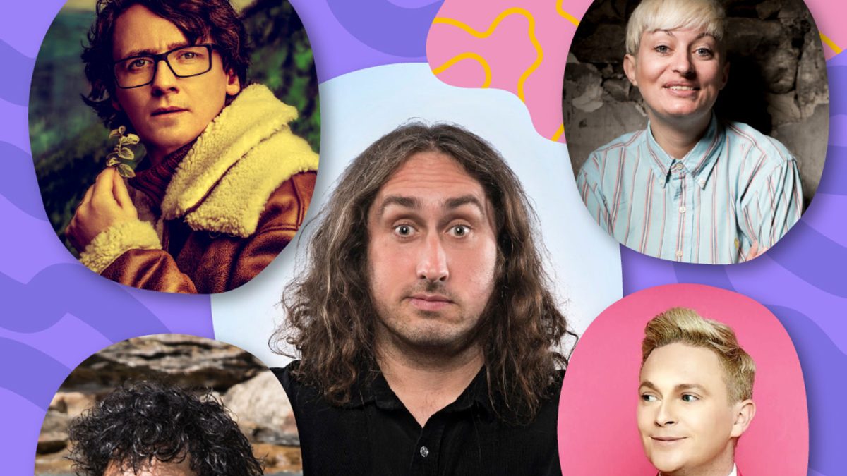 A collage-style graphic featuring five portrait photographs arranged around a central image, set against a purple background with abstract shapes in pink, yellow, and blue. The central portrait shows a person with long, wavy hair wearing a dark collared shirt. The background is a pale sky‑blue color. The top-left portrait shows a person outdoors wearing a brown shearling jacket, holding a small flower close to the face area. Green foliage is visible behind them. The top-right portrait shows a person in a striped button-up shirt, seated against a rough stone wall. The bottom-left portrait shows a person partially submerged in water, with wet hair visible as waves move around them. The bottom-right portrait shows a person in a bright pink jacket with a bow-tie visible at the collar, positioned against a vivid pink background. Decorative illustrations—such as a yellow cluster of shapes resembling leaves or petals and a stylized blue flourish—appear at the image edges.