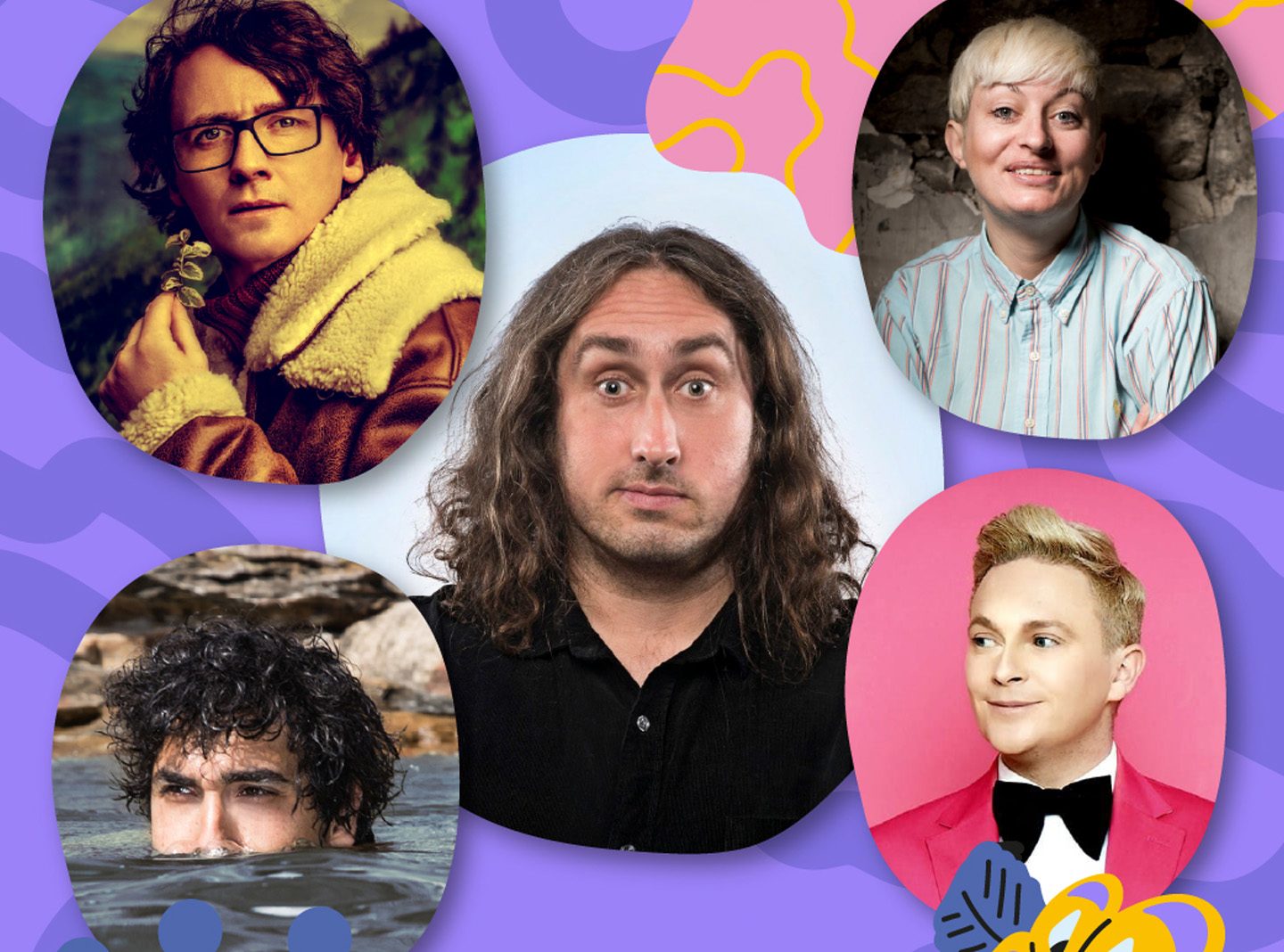 A collage-style graphic featuring five portrait photographs arranged around a central image, set against a purple background with abstract shapes in pink, yellow, and blue. The central portrait shows a person with long, wavy hair wearing a dark collared shirt. The background is a pale sky‑blue color. The top-left portrait shows a person outdoors wearing a brown shearling jacket, holding a small flower close to the face area. Green foliage is visible behind them. The top-right portrait shows a person in a striped button-up shirt, seated against a rough stone wall. The bottom-left portrait shows a person partially submerged in water, with wet hair visible as waves move around them. The bottom-right portrait shows a person in a bright pink jacket with a bow-tie visible at the collar, positioned against a vivid pink background. Decorative illustrations—such as a yellow cluster of shapes resembling leaves or petals and a stylized blue flourish—appear at the image edges.