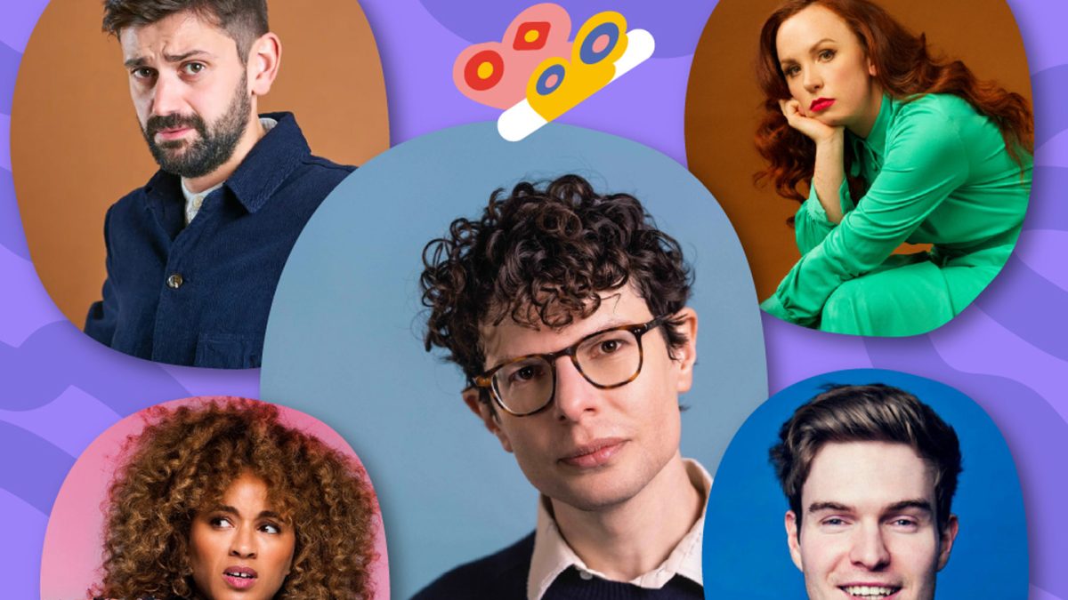 A colourful collage-style graphic featuring five portrait photos arranged around a central image, set against a purple patterned background with abstract shapes and decorative elements. The center image shows a person wearing a dark sweater over a collared shirt, with curly dark hair, positioned against a muted blue background. The top-left image shows a person in a navy button-up shirt in front of a warm orange backdrop. The top-right image shows a person seated with knees drawn up, dressed in a bright green outfit, against an orange background. The bottom-left image shows a person with voluminous curly hair, wearing a patterned outfit and leaning back in a relaxed pose, set against a pink backdrop. The bottom-right image shows a person in a teal top against a bright blue background. Decorative abstract shapes in yellow, pink, and purple are scattered around the collage to add a playful design element.