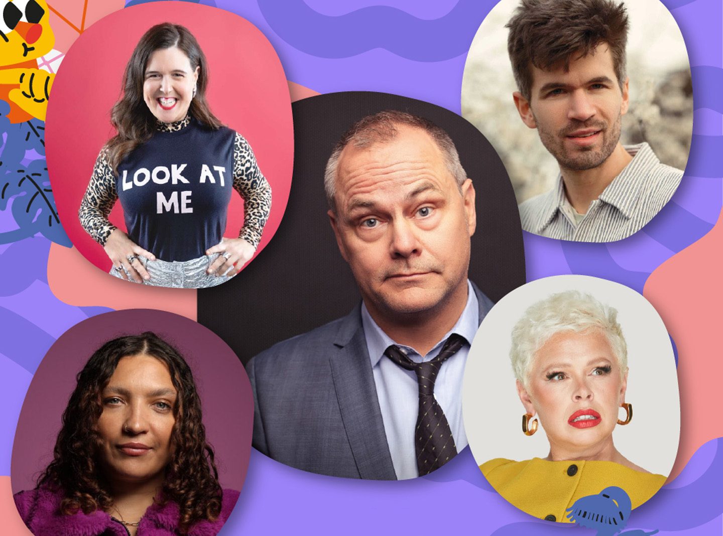 A collage-style graphic featuring five portrait photos arranged around a central image. The background is decorated with abstract purple, pink, and blue shapes. The top-left person is standing against a bright pink backdrop, wearing a dark top with leopard-print sleeves and the words “LOOK AT ME” printed on the front. The top-right person is positioned in front of a grey, stone-like background and is wearing a light striped shirt. The center person is dressed in a business suit with a tie, set against a dark background. The bottom-left person is in front of a deep purple backdrop and is wearing a fuzzy, textured sweater. The bottom-right person is set against a light peach background and is wearing a yellow top with large circular earrings.