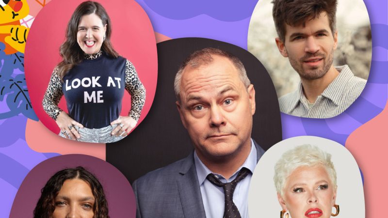 A collage-style graphic featuring five portrait photos arranged around a central image. The background is decorated with abstract purple, pink, and blue shapes. The top-left person is standing against a bright pink backdrop, wearing a dark top with leopard-print sleeves and the words “LOOK AT ME” printed on the front. The top-right person is positioned in front of a grey, stone-like background and is wearing a light striped shirt. The center person is dressed in a business suit with a tie, set against a dark background. The bottom-left person is in front of a deep purple backdrop and is wearing a fuzzy, textured sweater. The bottom-right person is set against a light peach background and is wearing a yellow top with large circular earrings.