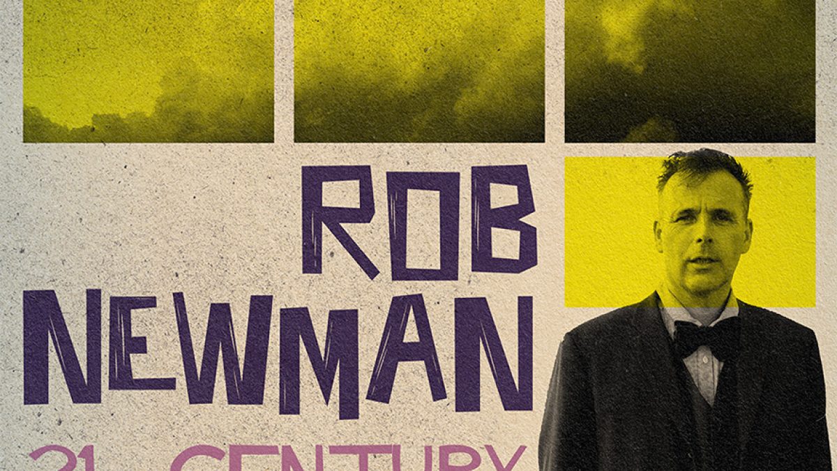 Poster for “Rob Newman: 21st Century Survival Guide” with bold purple text on a textured background, three yellow abstract panels at the top, and a yellow-tinted portrait of a person in a suit and bow tie on the right.