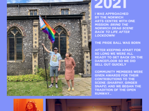 Two people stand outside a historic stone church building, holding a large rainbow Pride flag on a pole. The image sits alongside text about restarting Norwich’s drag scene in 2021. Smaller images below show a drag performer on stage under red lighting and another performer in a rainbow dress posing on a runway in a hall with an audience.