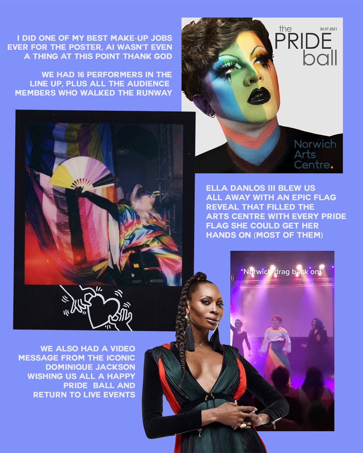 A purple-themed collage labelled “2025.” A large Pride Ball poster features multiple drag performers in vibrant costumes. Below, smaller photos show a group of performers posing together and a singer holding a microphone mid-performance. Text describes inspiration behind the event and highlights special guest performers.
