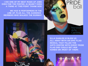 A purple-themed collage labelled “2025.” A large Pride Ball poster features multiple drag performers in vibrant costumes. Below, smaller photos show a group of performers posing together and a singer holding a microphone mid-performance. Text describes inspiration behind the event and highlights special guest performers.