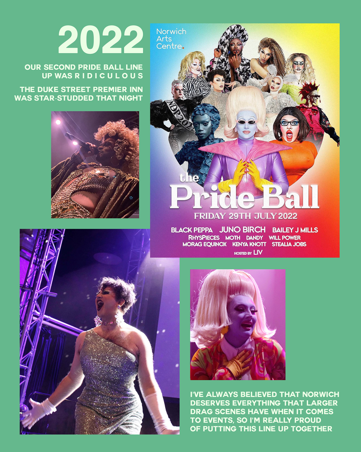 A green-background collage titled “2022.” It includes a Pride Ball event poster featuring a lineup of drag performers in bold, stylised outfits. Additional photos show performers singing into microphones under stage lighting and performing energetically on stage. Accompanying text highlights a star-studded lineup and Norwich’s drag scene.