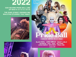 A green-background collage titled “2022.” It includes a Pride Ball event poster featuring a lineup of drag performers in bold, stylised outfits. Additional photos show performers singing into microphones under stage lighting and performing energetically on stage. Accompanying text highlights a star-studded lineup and Norwich’s drag scene.