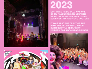 A collage on a pink background labelled “2023.” The main photo shows a group of drag performers on stage under colourful lights with an audience watching. Another image shows a performer taking a selfie with a large cheering crowd. A promotional poster displays multiple drag artists in elaborate costumes. Text describes the 2023 Pride Ball lineup and event timing.