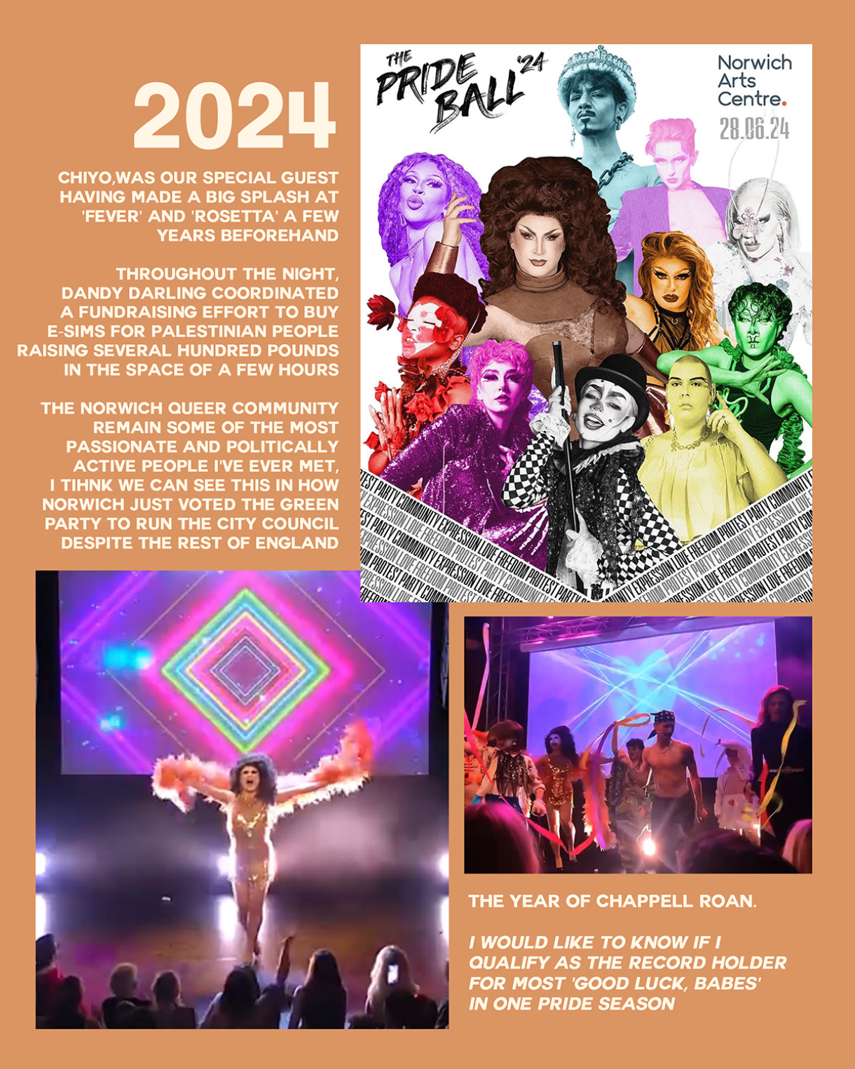 An orange-background collage labelled “2024.” It includes a Pride Ball poster with multiple performers, a stage performance with a performer in a feathered outfit under bright lights, and a group of performers on stage with streamers during a lively show. Text references a guest performer, community fundraising efforts, and the theme of the event.