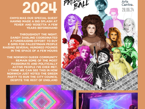 An orange-background collage labelled “2024.” It includes a Pride Ball poster with multiple performers, a stage performance with a performer in a feathered outfit under bright lights, and a group of performers on stage with streamers during a lively show. Text references a guest performer, community fundraising efforts, and the theme of the event.