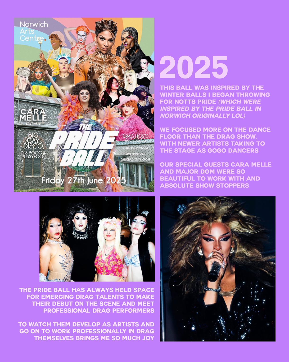 A blue-background collage featuring a close-up of a performer wearing dramatic rainbow-coloured makeup from a Pride Ball poster. Nearby, a performer waves a large folding fan in front of Pride flags. Additional images show a stage performance with colourful lighting and a cut-out image of a performer posed in the foreground. Text references early Pride Ball moments and performances.