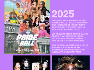 A blue-background collage featuring a close-up of a performer wearing dramatic rainbow-coloured makeup from a Pride Ball poster. Nearby, a performer waves a large folding fan in front of Pride flags. Additional images show a stage performance with colourful lighting and a cut-out image of a performer posed in the foreground. Text references early Pride Ball moments and performances.