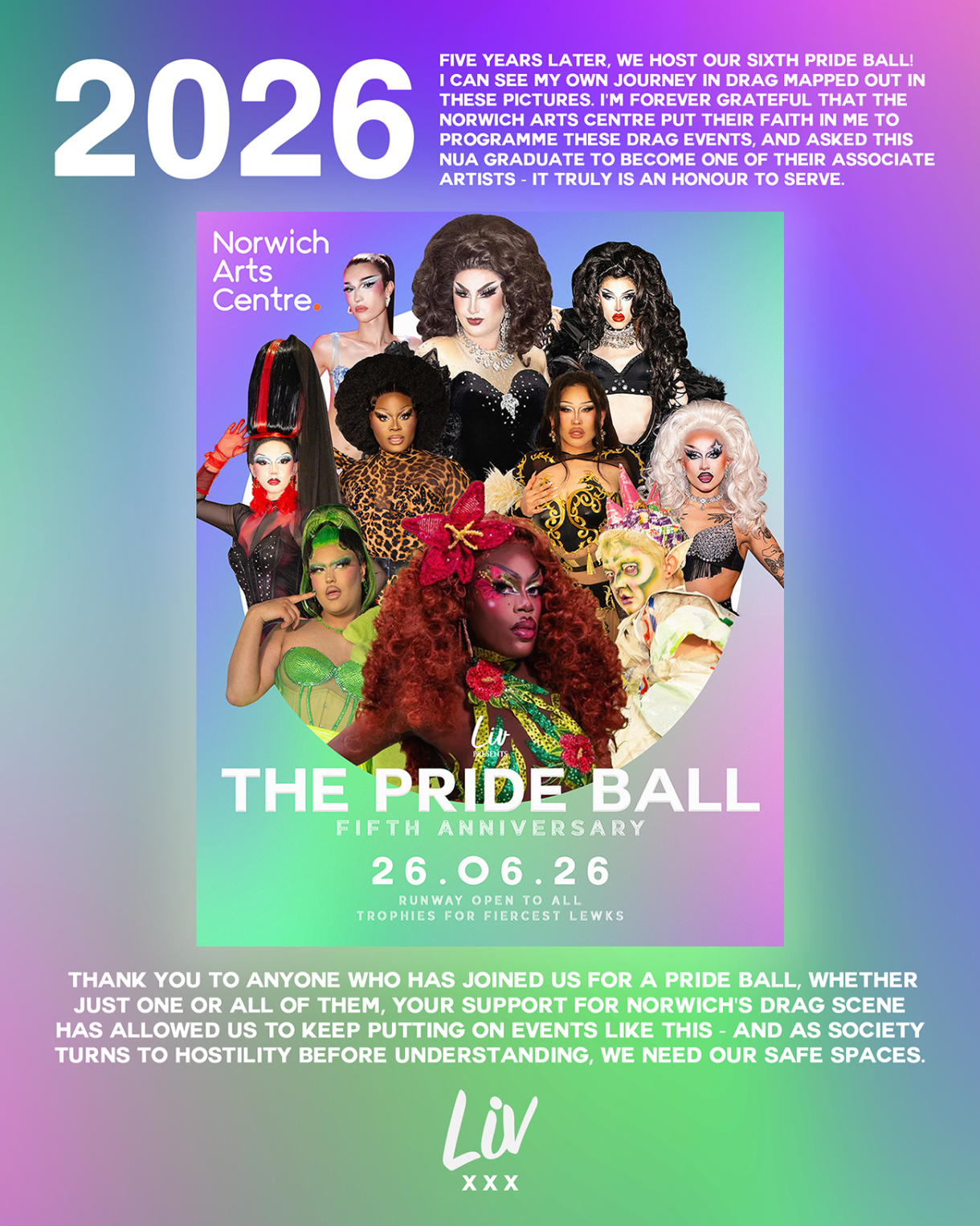 A gradient background image labelled “2026” celebrates the fifth anniversary of The Pride Ball. At the centre is a poster featuring a group of drag performers in elaborate costumes and makeup. Text thanks attendees and highlights the event as an inclusive space for Norwich’s drag community.