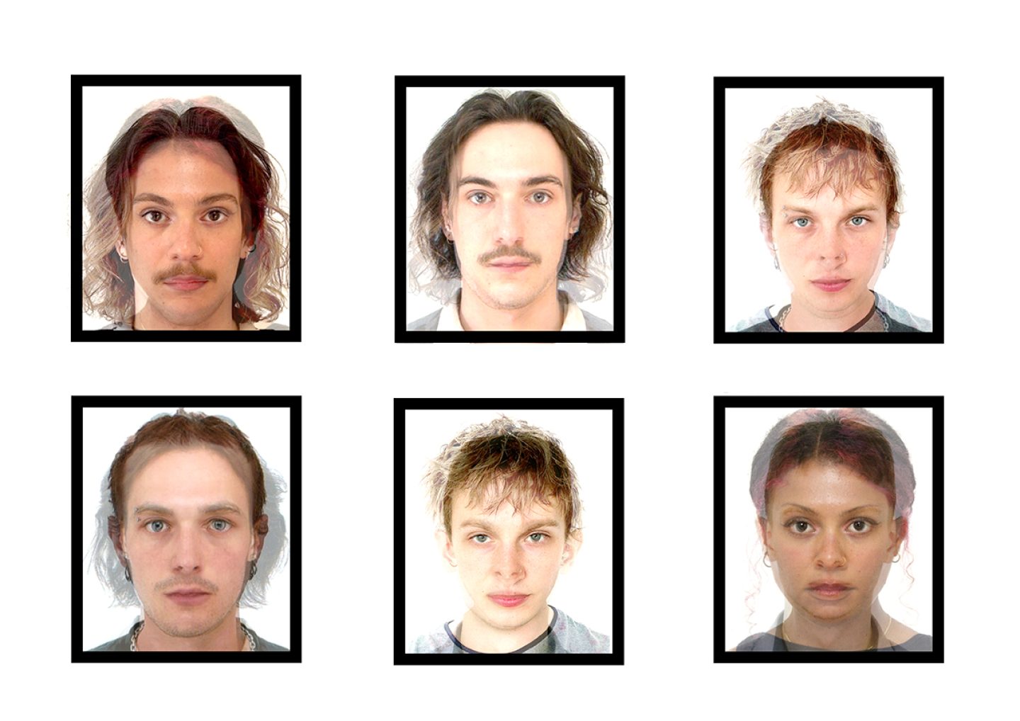 Six framed, passport-style portrait composites arranged in a 3×2 grid on a light grey background. Each image shows a front-facing headshot against a white background, with some faces appearing partially blended or overlaid. The consistent framing and subtle double-exposure effect suggest an artistic or comparative study of facial features.