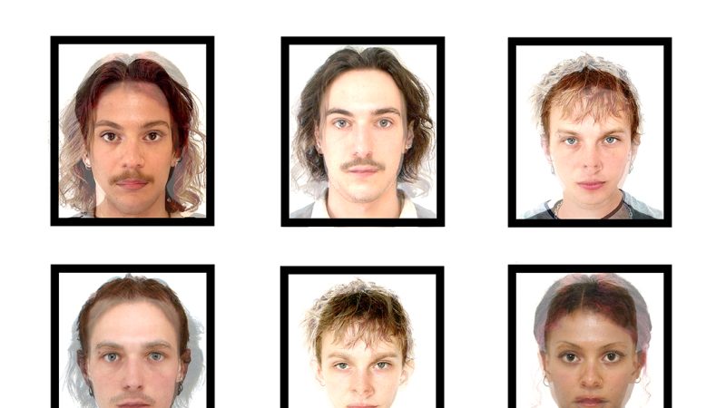 Six framed, passport-style portrait composites arranged in a 3×2 grid on a light grey background. Each image shows a front-facing headshot against a white background, with some faces appearing partially blended or overlaid. The consistent framing and subtle double-exposure effect suggest an artistic or comparative study of facial features.