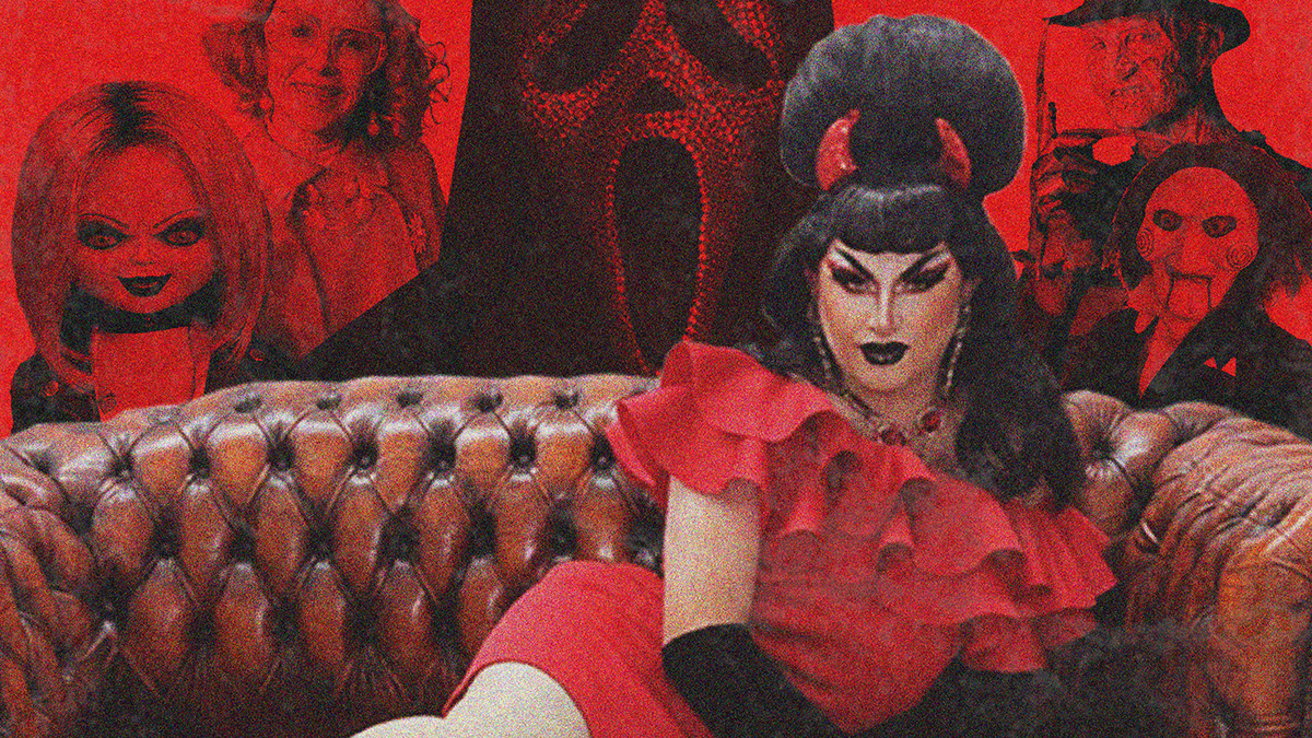A horror-themed poster showing a performer in a bright red ruffled dress reclining on a brown leather sofa, surrounded by iconic horror characters and masks. The image uses a grainy red-and-black colour palette, creating a dramatic blend of vintage horror and theatrical glamour.