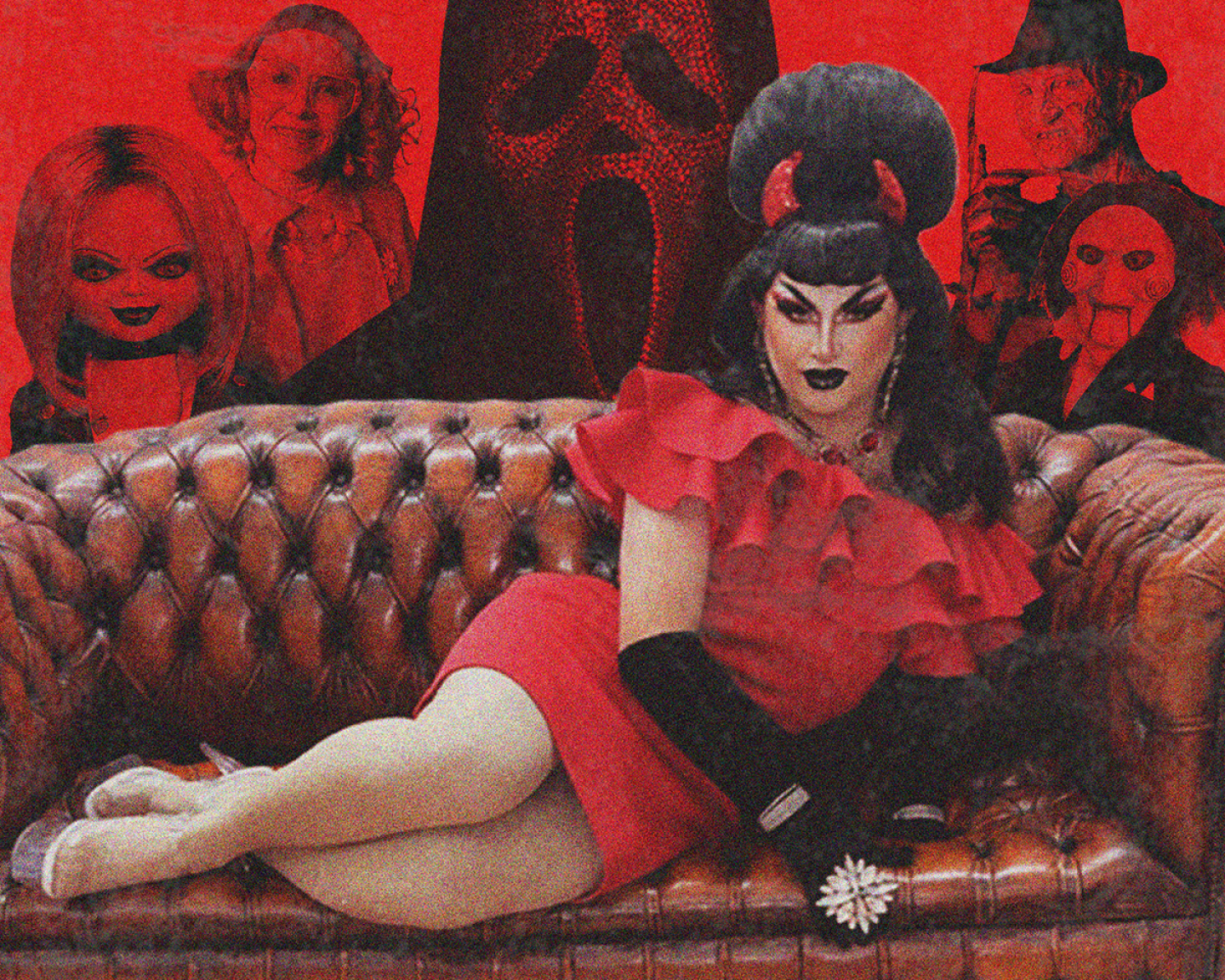 A horror-themed poster showing a performer in a bright red ruffled dress reclining on a brown leather sofa, surrounded by iconic horror characters and masks. The image uses a grainy red-and-black colour palette, creating a dramatic blend of vintage horror and theatrical glamour.