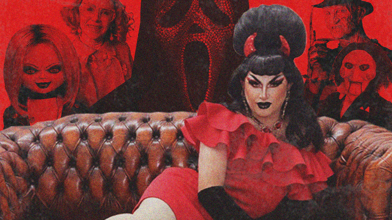 A horror-themed poster showing a performer in a bright red ruffled dress reclining on a brown leather sofa, surrounded by iconic horror characters and masks. The image uses a grainy red-and-black colour palette, creating a dramatic blend of vintage horror and theatrical glamour.