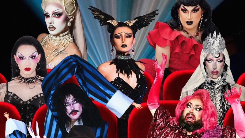 Promotional poster for a drag and cabaret-style Halloween show called “SLASHER!” at Norwich Arts Centre on 30.10.26. Multiple performers in elaborate theatrical costumes and dramatic makeup are arranged among rows of bright red theatre seats. At the centre, a performer in a black outfit wears large black wing-like headpieces. Around them are performers styled with gothic, horror, fantasy, and camp aesthetics, including devil horns, a silver crown, exaggerated striped costume legs, and vibrant pink and black costumes. In the foreground, a performer wearing a black hat, red face covering, and oversized multicolored knitted outfit stretches across the seats. The title “SLASHER!” appears in large dripping red horror-movie lettering across the bottom. At the top, the text reads “Bella Bestia x Liv present.”