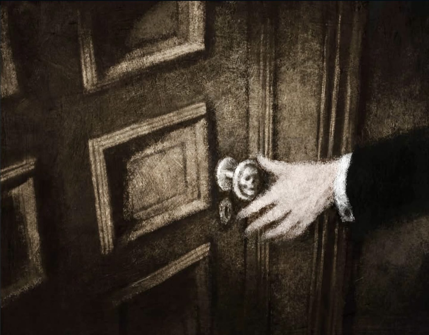 A close-up, sepia-toned image of a hand gripping a round doorknob on a dark wooden paneled door. The scene has a grainy, sketch-like texture and dramatic lighting, creating a vintage, mysterious atmosphere. The hand extends from a dark sleeve, and no face or other people are visible.
