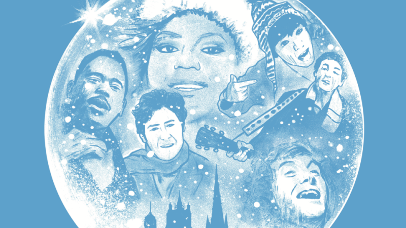 A promotional poster for "ReWORK: CHRISTMAS!" on a light blue background, featuring an illustrated snow globe containing portraits of musical artists set against the Norwich skyline silhouette.