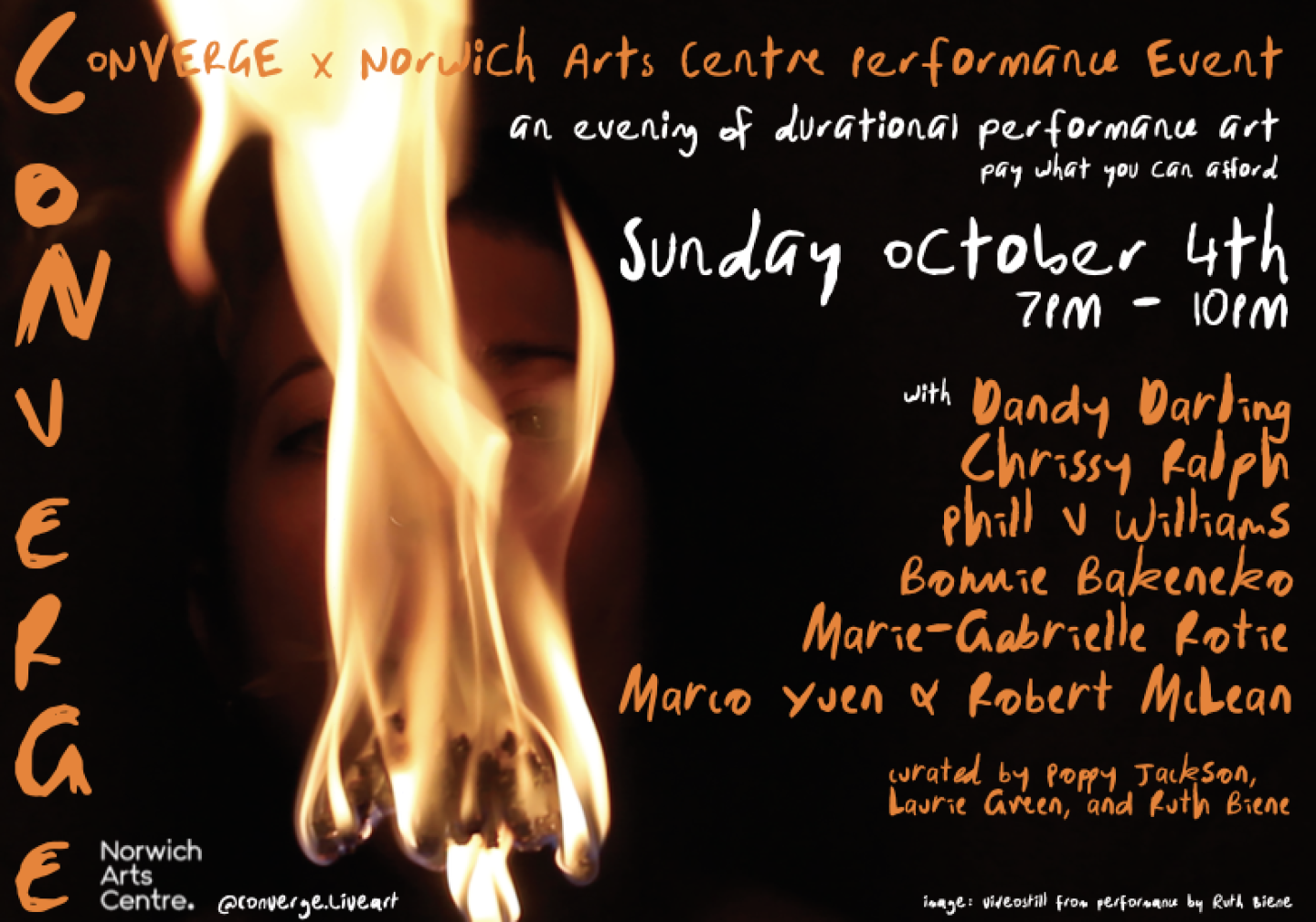 Event poster for "CONVERGE x Norwich Arts Centre Performance Event," featuring handwritten orange and white text alongside a dramatic video still of a fire performance by Ruth Biene.