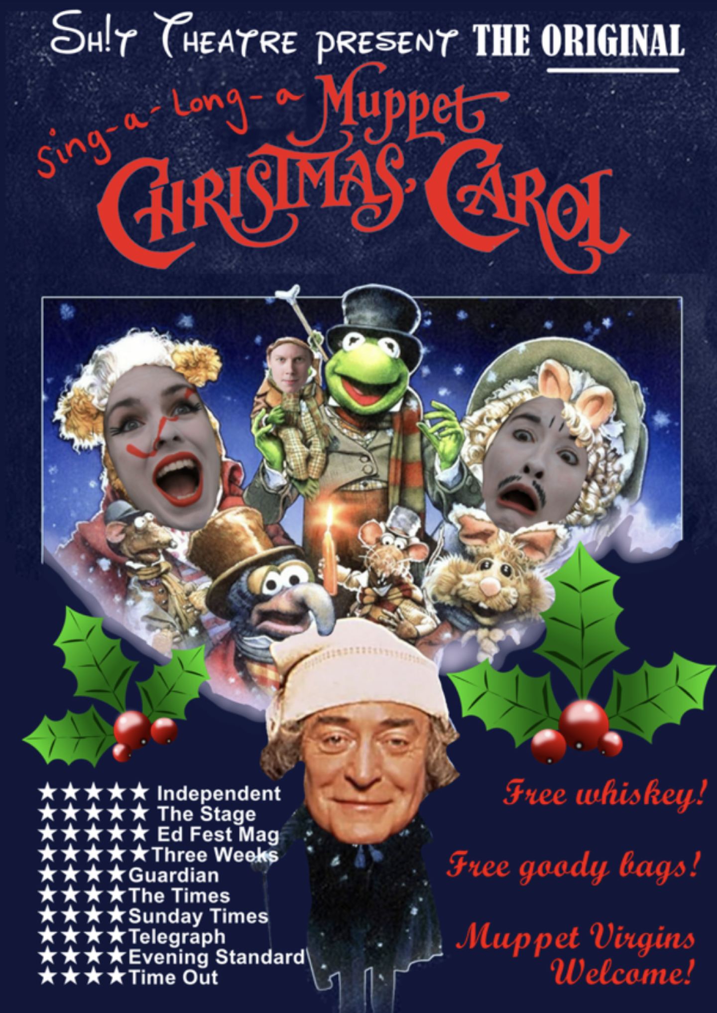 Promotional poster for “The Original Muppet Christmas Carol” parody show, featuring edited character images, festive holly graphics, review ratings, and text advertising free whisky, goody bags, and welcoming first-time attendees.