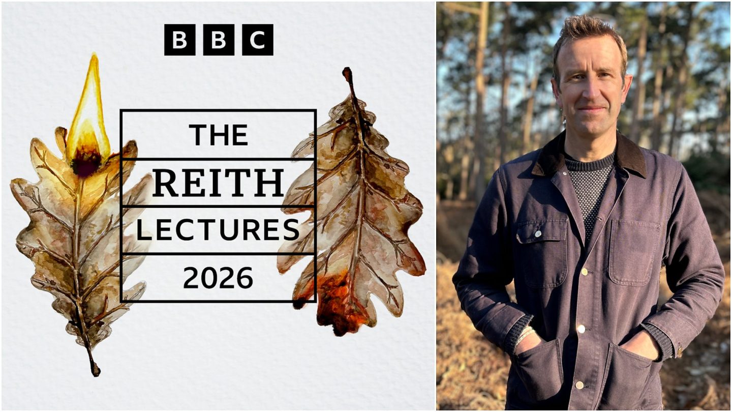 Promotional graphic for the BBC Reith Lectures 2026. The image is split into two panels. On the left, the BBC logo appears above the text “THE REITH LECTURES 2026” inside a black rectangular frame. Two oak leaves flank the title, with the left leaf partially burned and a visible flame at the top. On the right, a person stands outdoors in a wooded area, wearing a dark jacket over a patterned sweater, with hands in jacket pockets. The background shows blurred trees and warm natural sunlight. The overall design contrasts the illustrated leaves and lecture branding with a photographic portrait.